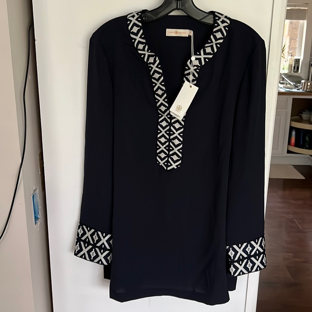 Tory Burch Navy Trimmed Tunic Blouse